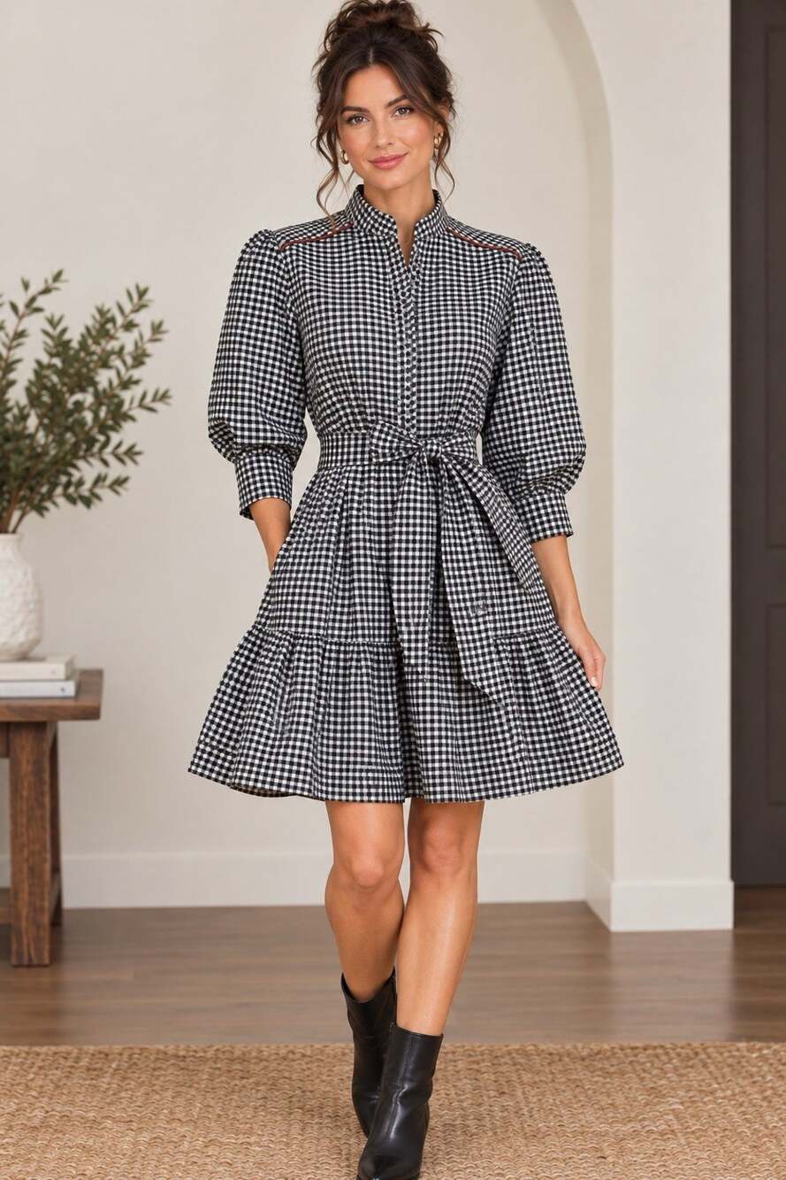 Christy Lynn Norie Dress Gingham Puff Sleeve Belted Black White Size S